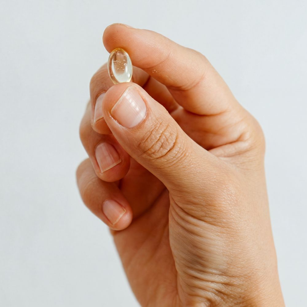 Hand holding a single Phytality Clean Omega-3 DHA capsule